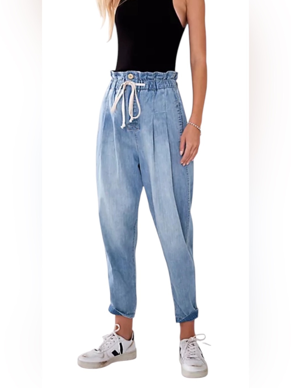Free People Margate Pleated Denim Trouser Blue Paperbag Boho Size Small